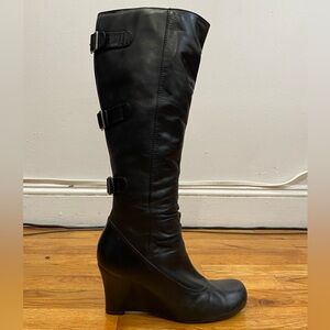 Black Knee-High Wedge Boots With Buckle Straps by Spring size 37